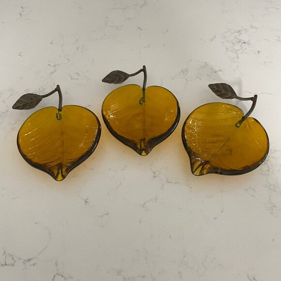 Trio of Amber Glass & Metal Hardware Home Decor in Leaf/Fruit Pattern Sz OS NWOT - Picture 6 of 6